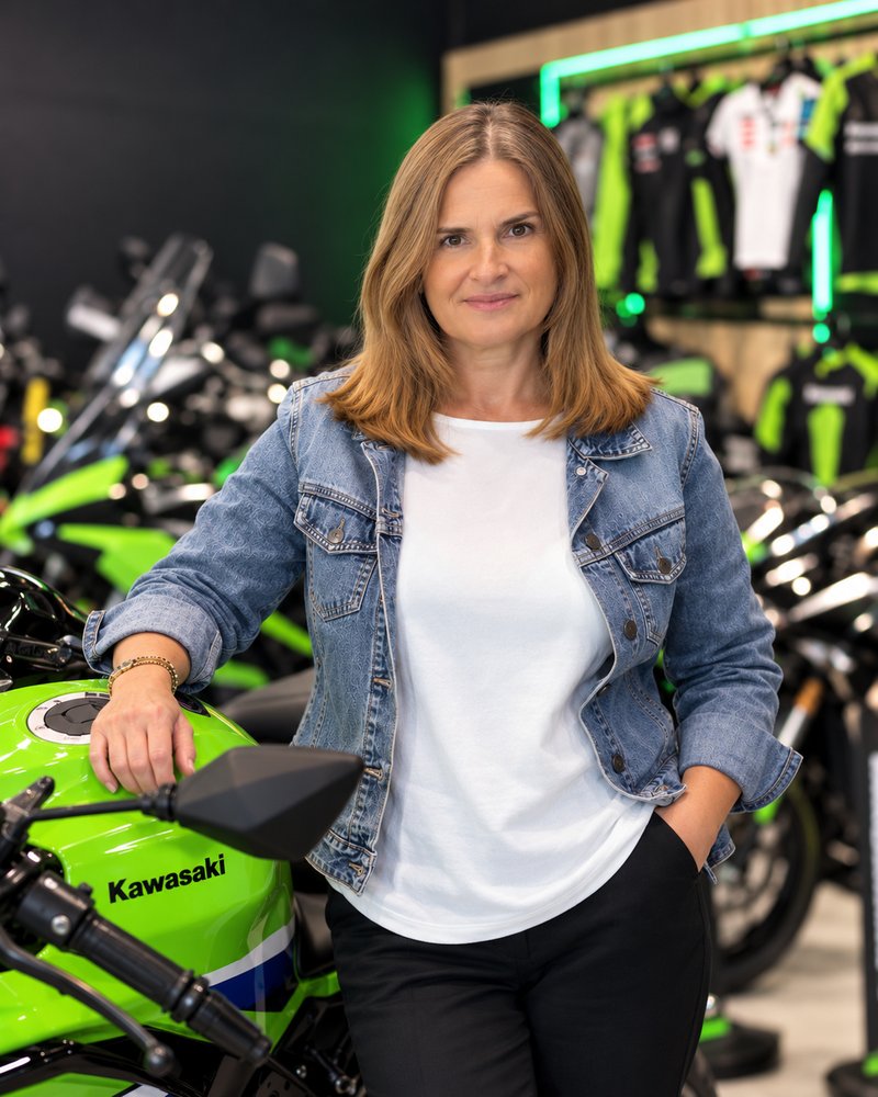 Wioletta Tomaszewska-Dec w salonie motocyklowym Kawasaki